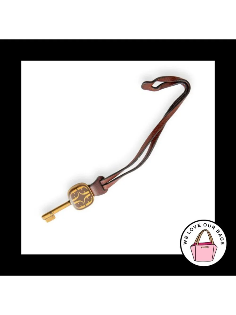 FOSSIL KEY Gold Brass Metal Brown Leather Strap Bag Charm Hang Tag Keychain Fob